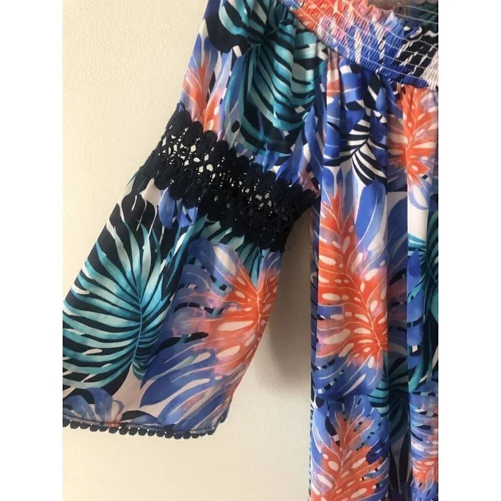 Jennifer Lopez Womens Size Small Paradise Palms Off  Shoulder Dress Crochet Trim - Picture 3 of 7